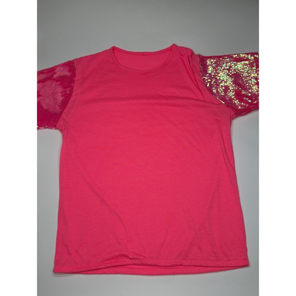Neon Pink Sequin Sleeve T Shirt Mens XL Bright Casual Top